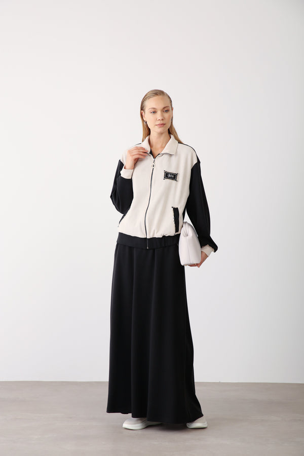 Beaded Pocket Detailed Zippered Jacket - Black - QLISHE