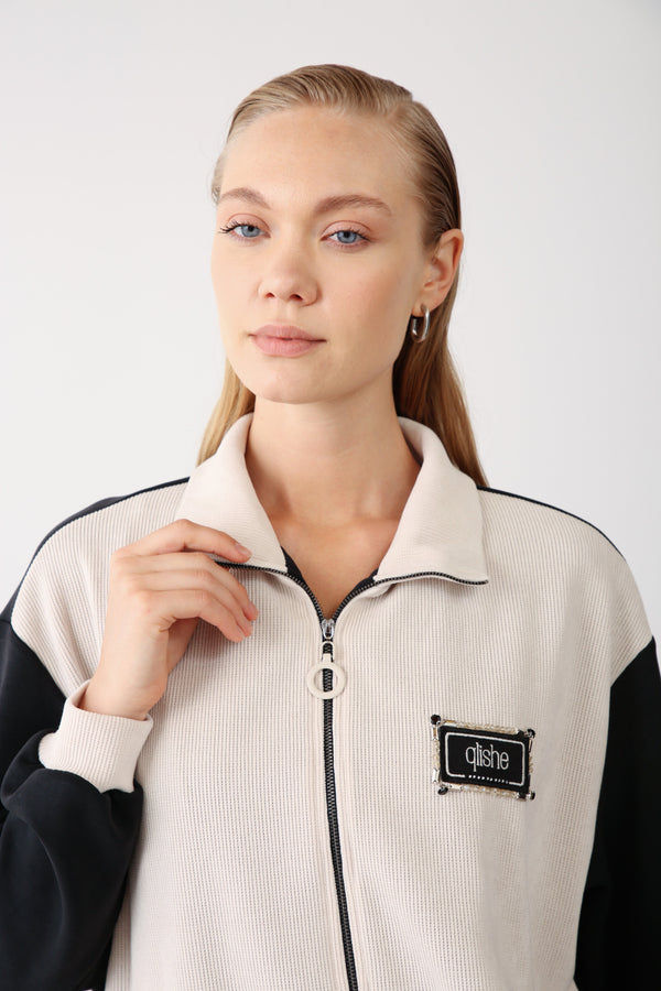 Beaded Pocket Detailed Zippered Jacket - Black - QLISHE