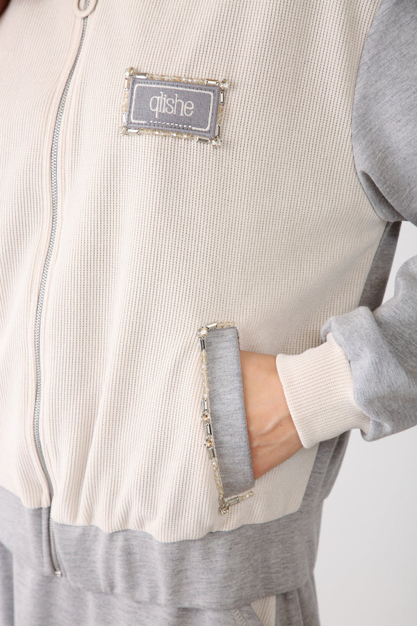 Beaded Pocket Detailed Zippered Jacket - Grey Melange - QLISHE