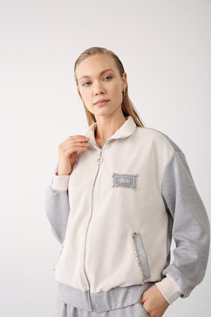 Beaded Pocket Detailed Zippered Jacket - Grey Melange - QLISHE