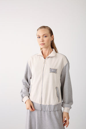 Beaded Pocket Detailed Zippered Jacket - Grey Melange - QLISHE