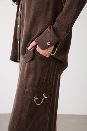 Chain Accent Wide - Leg Pants – Brown - QLISHE