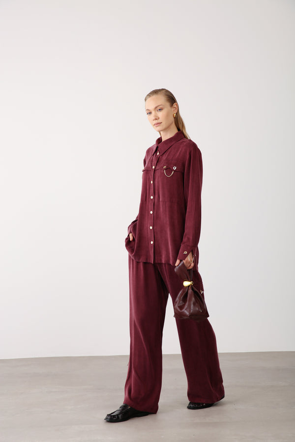 Chain Accent Wide - Leg Pants – Burgundy - QLISHE