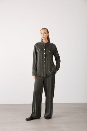 Chain Accent Wide - Leg Pants – Khaki - QLISHE