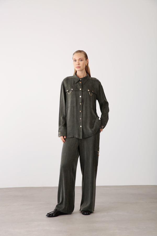 Chain Accent Wide - Leg Pants – Khaki - QLISHE