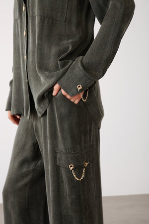 Chain Accent Wide - Leg Pants – Khaki - QLISHE