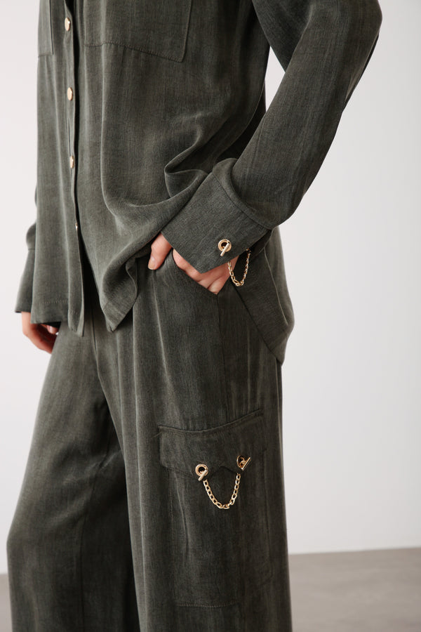 Chain Accent Wide - Leg Pants – Khaki - QLISHE