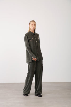 Chain Accent Wide - Leg Pants – Khaki - QLISHE