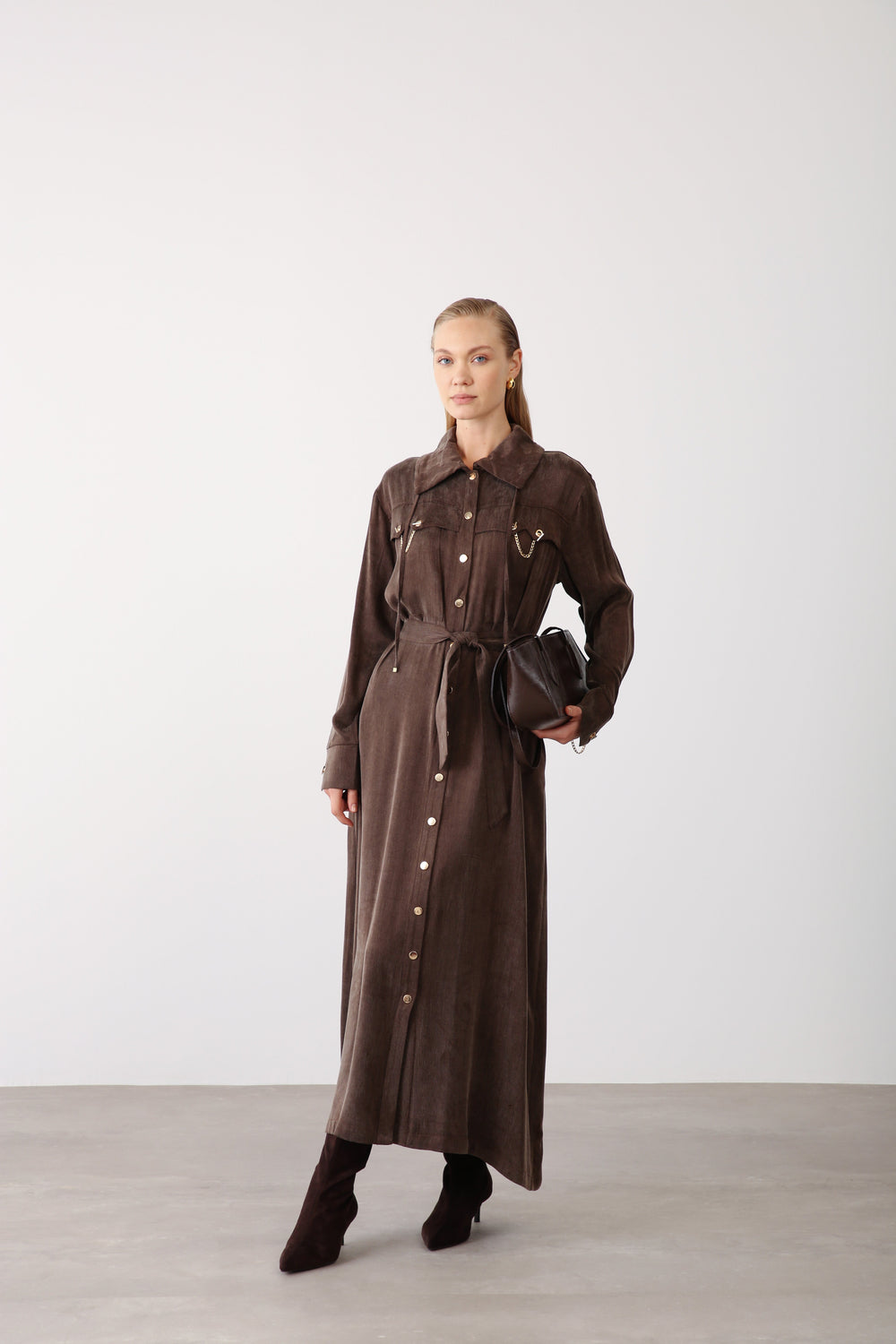 Chain Detail Long Dress - Brown - QLISHE