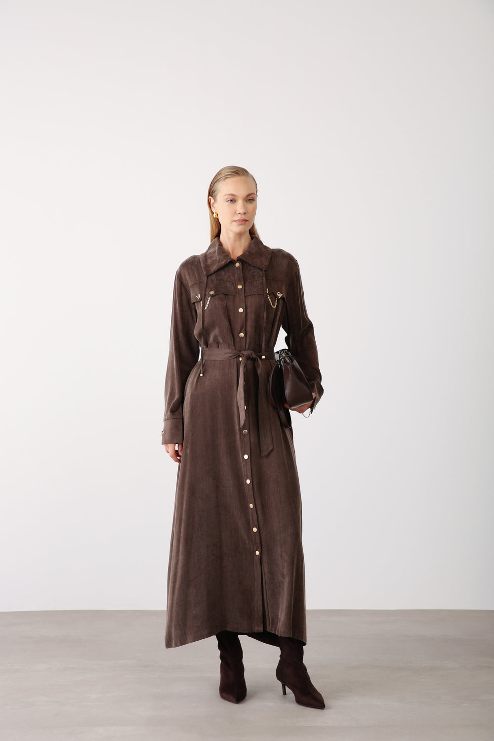 Chain Detail Long Dress - Brown - QLISHE