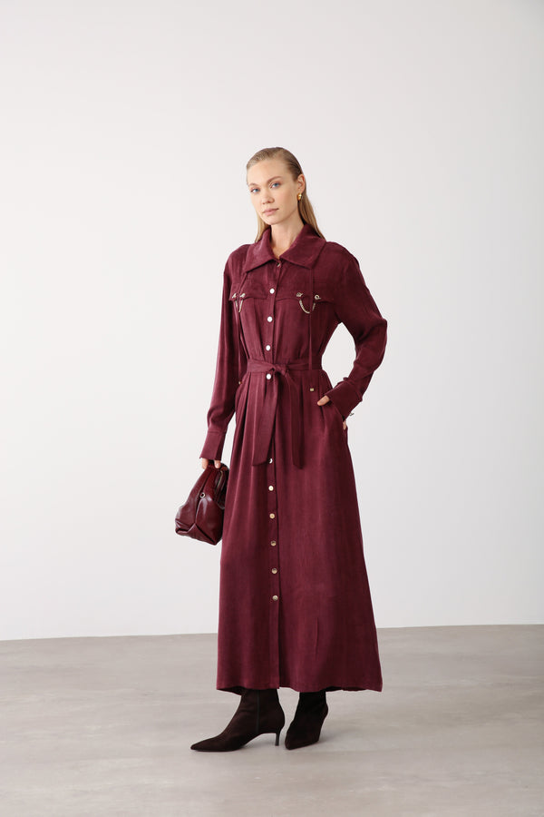 Chain Detail Long Dress - Burgundy - QLISHE