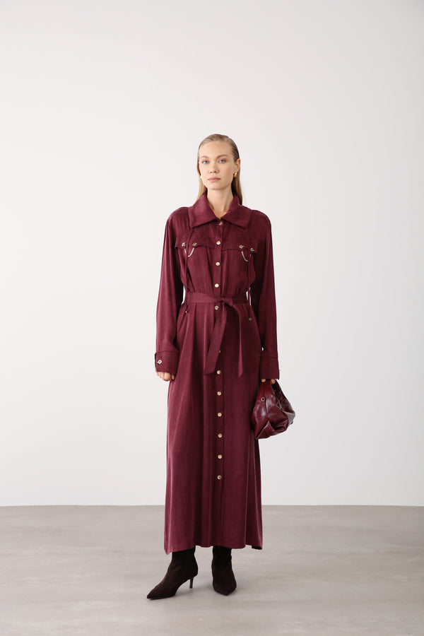 Chain Detail Long Dress - Burgundy - QLISHE