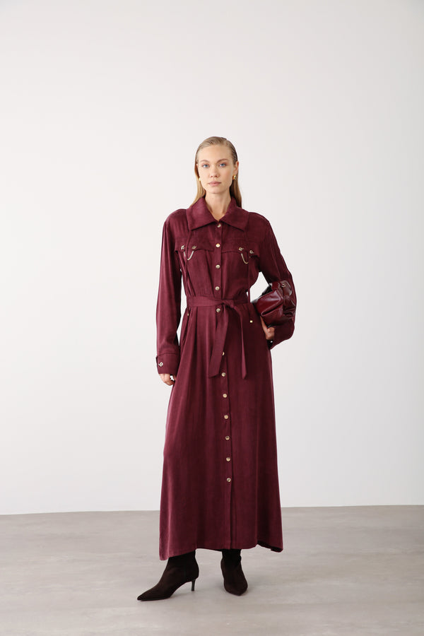 Chain Detail Long Dress - Burgundy - QLISHE