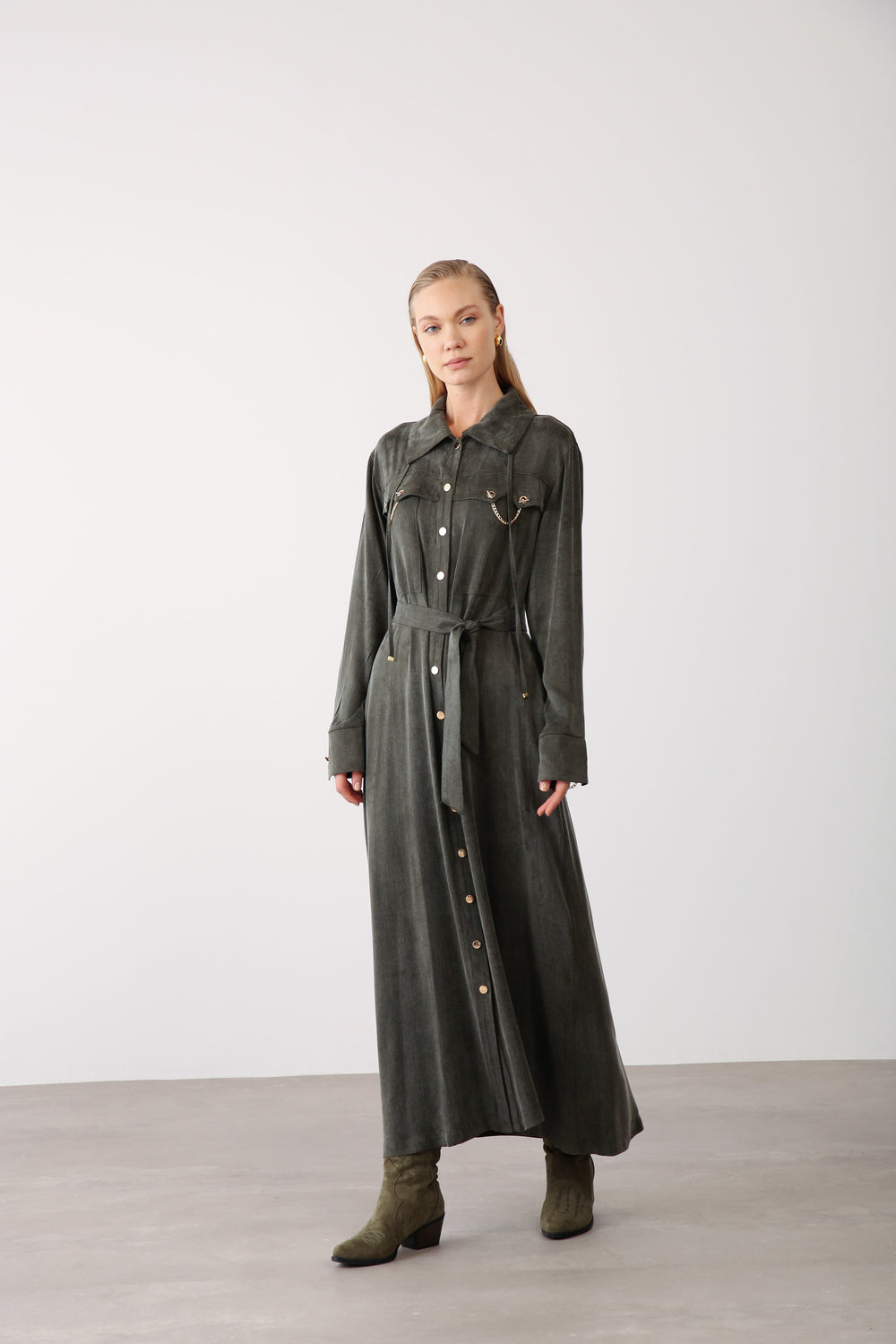 Chain Detail Long Dress - Khaki - QLISHE