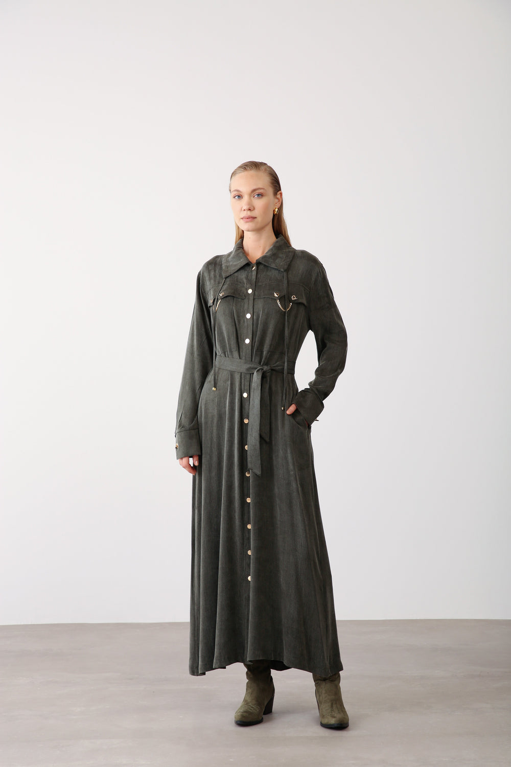 Chain Detail Long Dress - Khaki - QLISHE