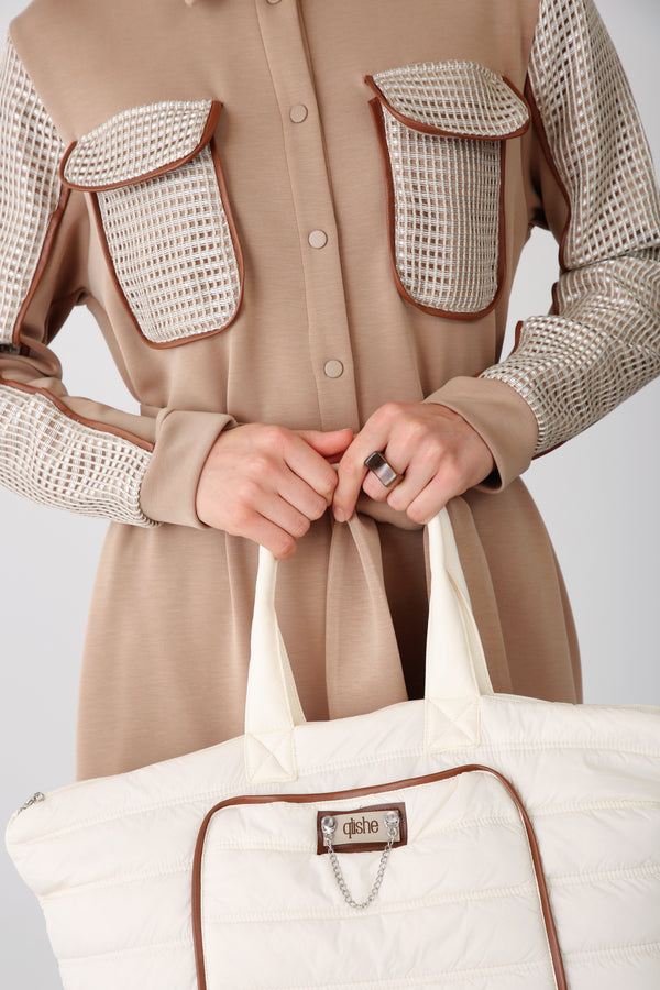 Chain Detail Quilted Tote Bag – Beige - QLISHE