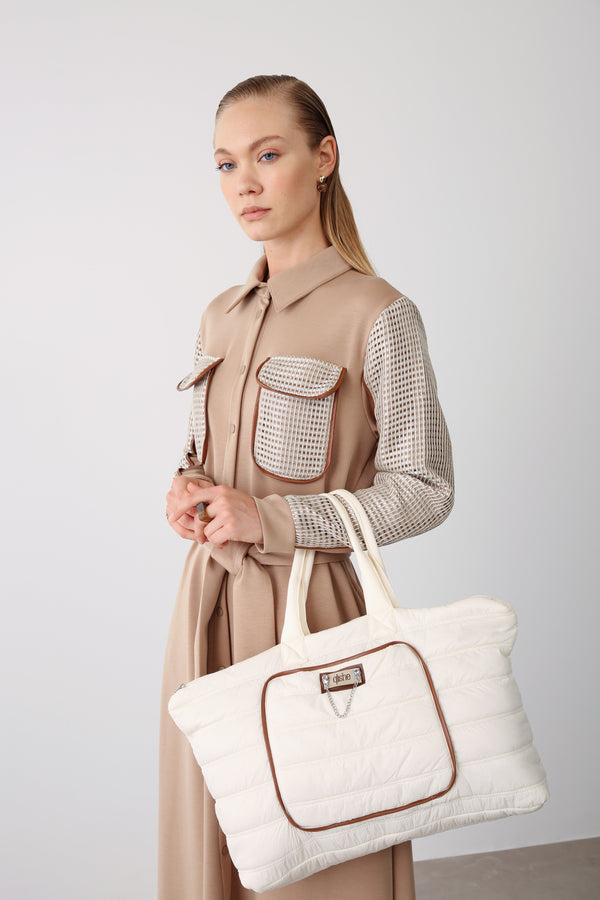 Chain Detail Quilted Tote Bag – Beige - QLISHE
