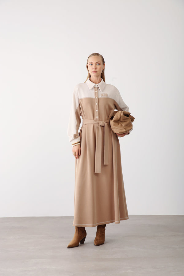 Contrast Belted Dress, Vest & Shoulder Bag Set – Camel - QLISHE