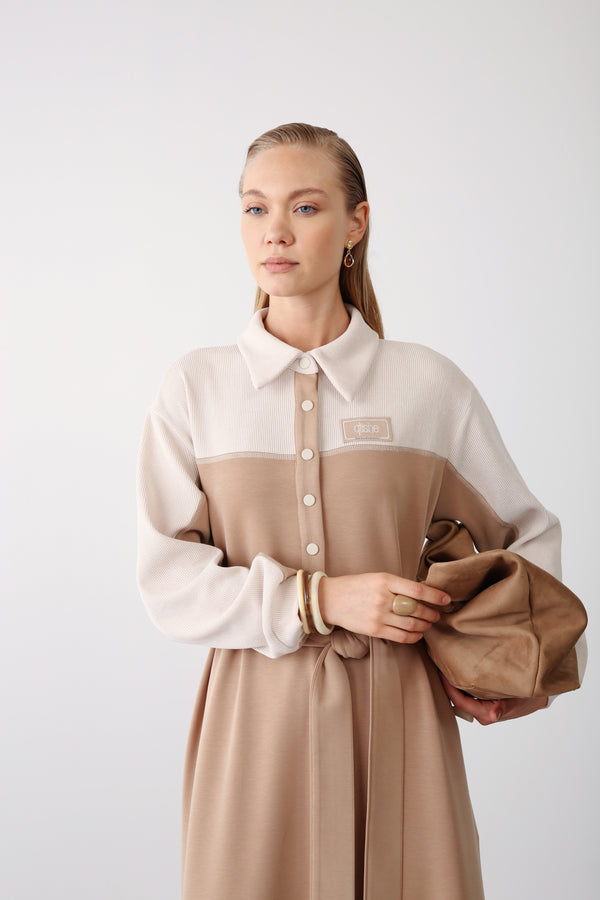 Contrast Belted Dress, Vest & Shoulder Bag Set – Camel - QLISHE