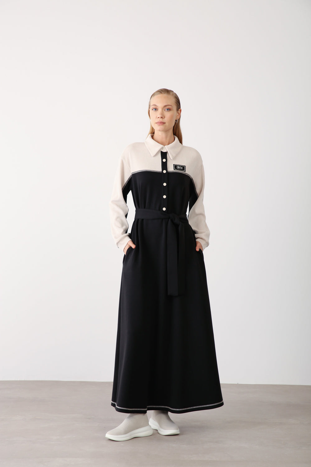Contrast Detail Belted Dress - Black - QLISHE