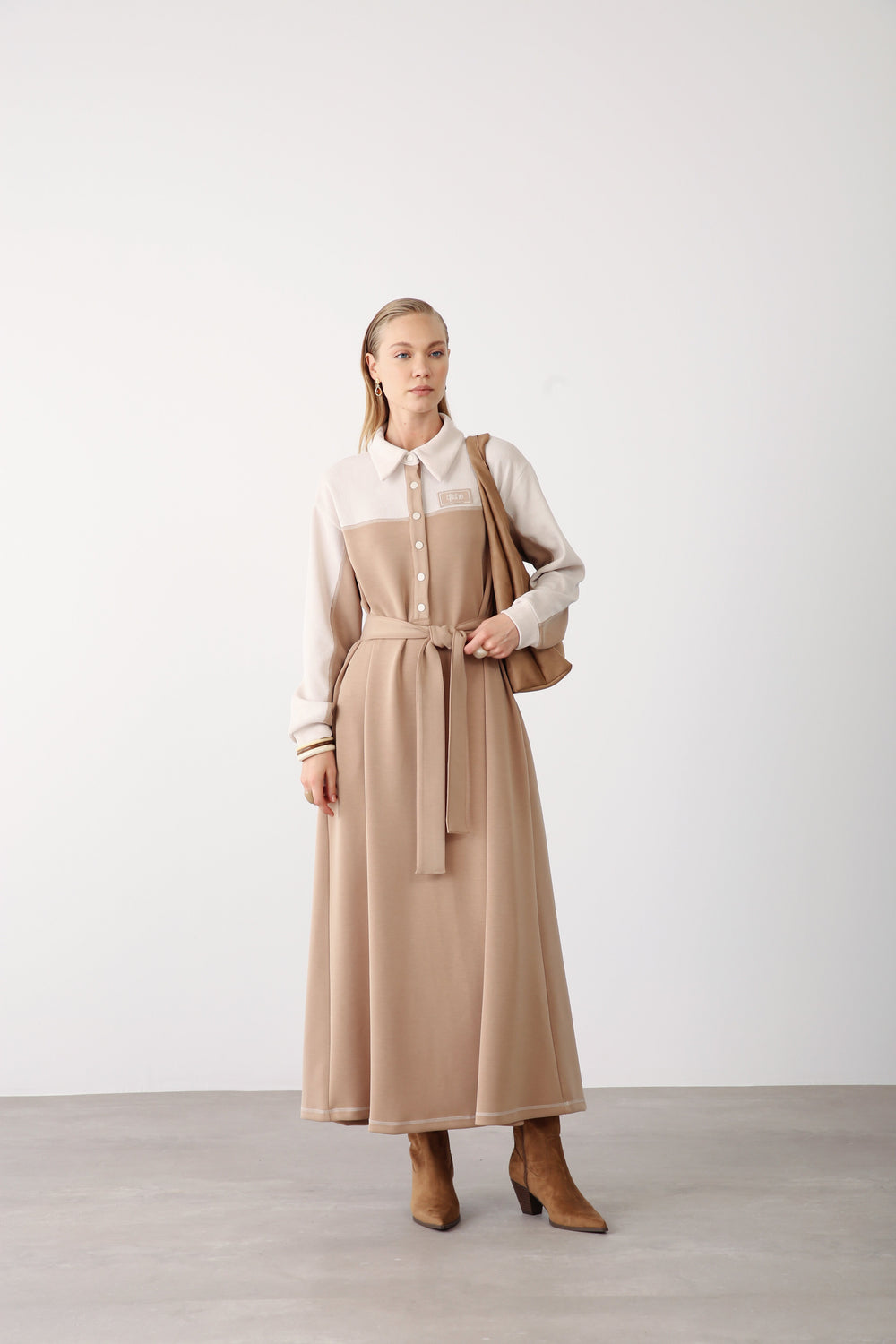 Contrast Detail Belted Dress Camel - QLISHE