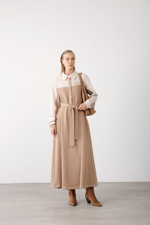 Contrast Detail Belted Dress Camel - QLISHE