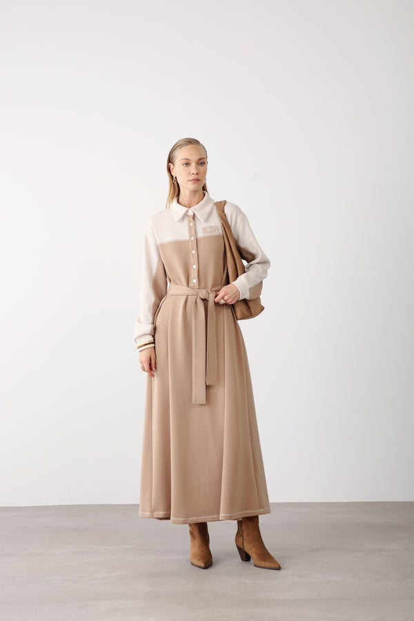 Contrast Detail Belted Dress Camel - QLISHE