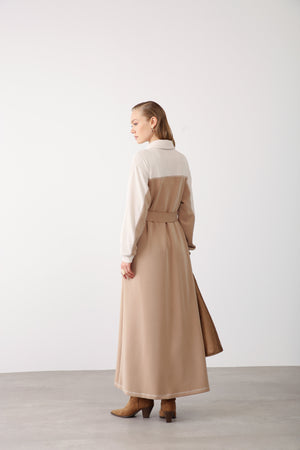 Contrast Detail Belted Dress Camel - QLISHE