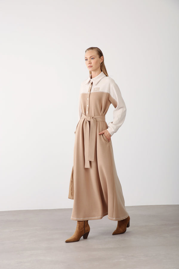 Contrast Detail Belted Dress Camel - QLISHE