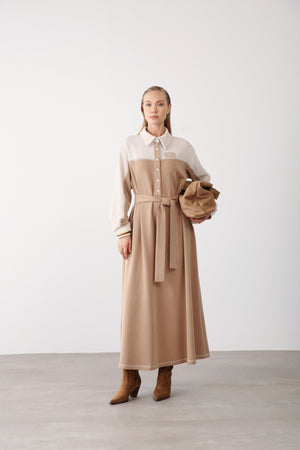 Contrast Detail Belted Dress Camel - QLISHE
