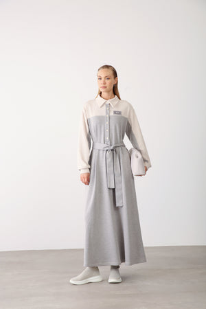 Contrast Detail Belted Dress - Grey Melange - QLISHE