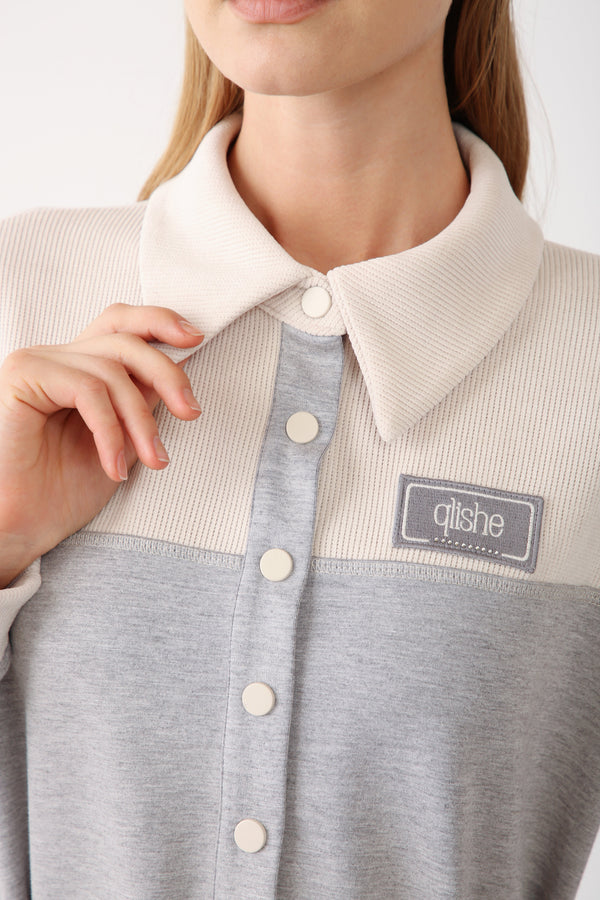 Contrast Detail Belted Dress - Grey Melange - QLISHE