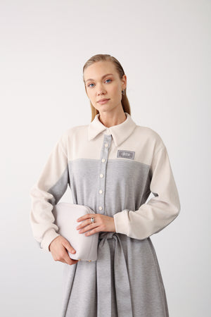 Contrast Detail Belted Dress - Grey Melange - QLISHE