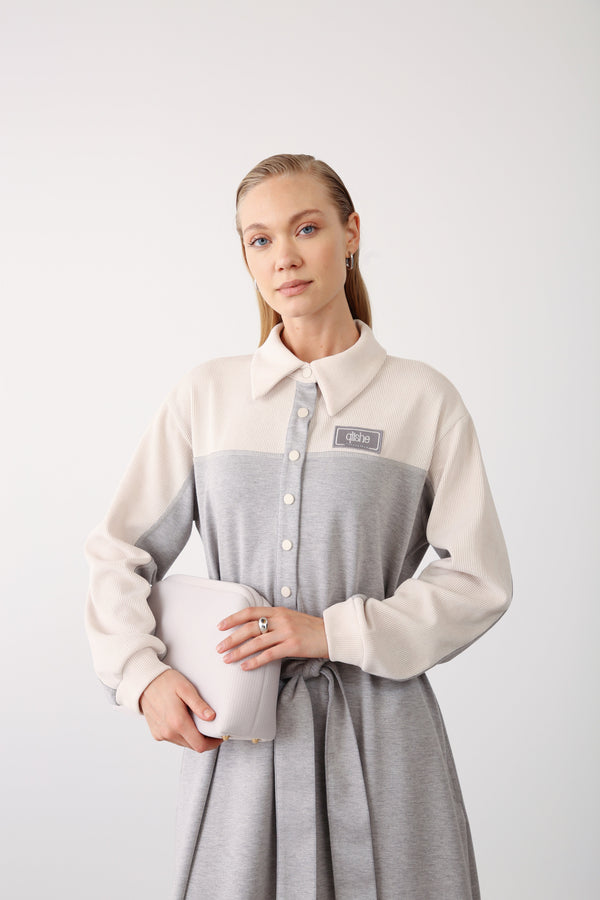 Contrast Detail Belted Dress - Grey Melange - QLISHE
