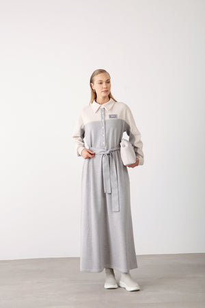 Contrast Detail Belted Dress - Grey Melange - QLISHE
