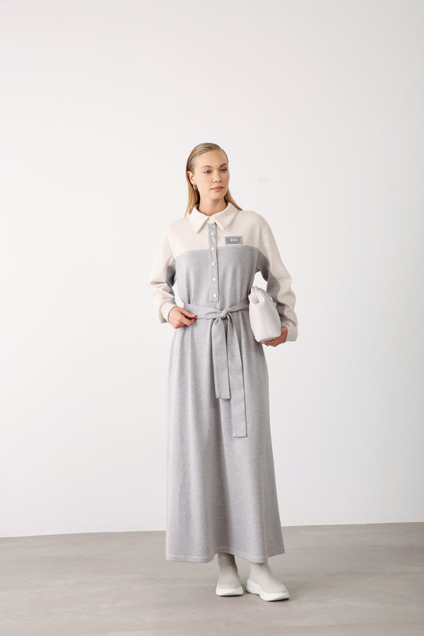 Contrast Detail Belted Dress - Grey Melange - QLISHE