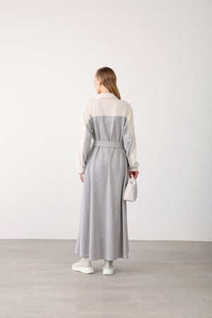 Contrast Detail Belted Dress - Grey Melange - QLISHE