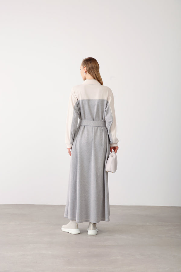 Contrast Detail Belted Dress - Grey Melange - QLISHE