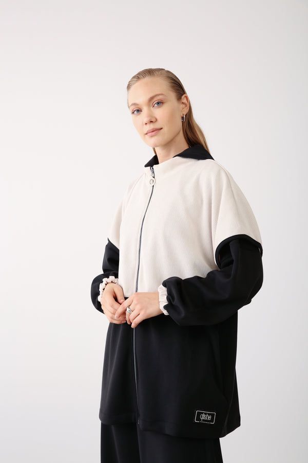 Contrast Hood Zippered Jacket - Black - QLISHE