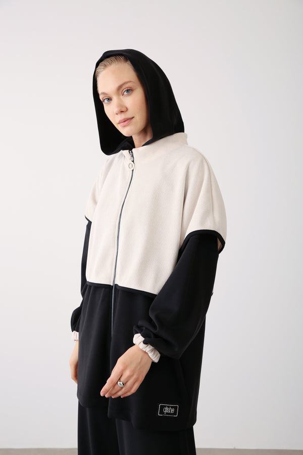 Contrast Hood Zippered Jacket - Black - QLISHE