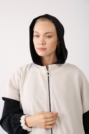 Contrast Hood Zippered Jacket - Black - QLISHE