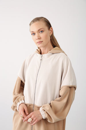 Contrast Hood Zippered Jacket - Camel - QLISHE