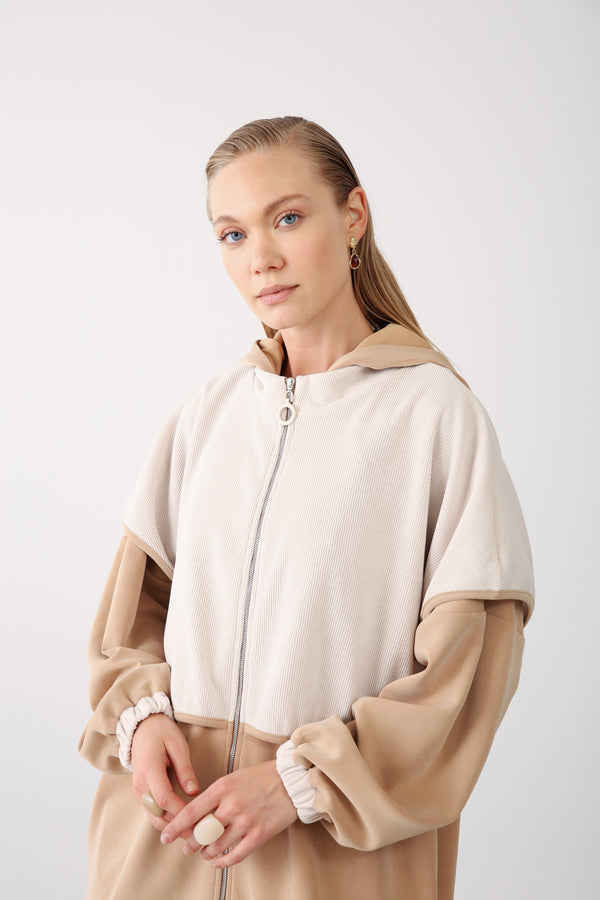 Contrast Hood Zippered Jacket - Camel - QLISHE