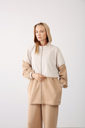 Contrast Hood Zippered Jacket - Camel - QLISHE