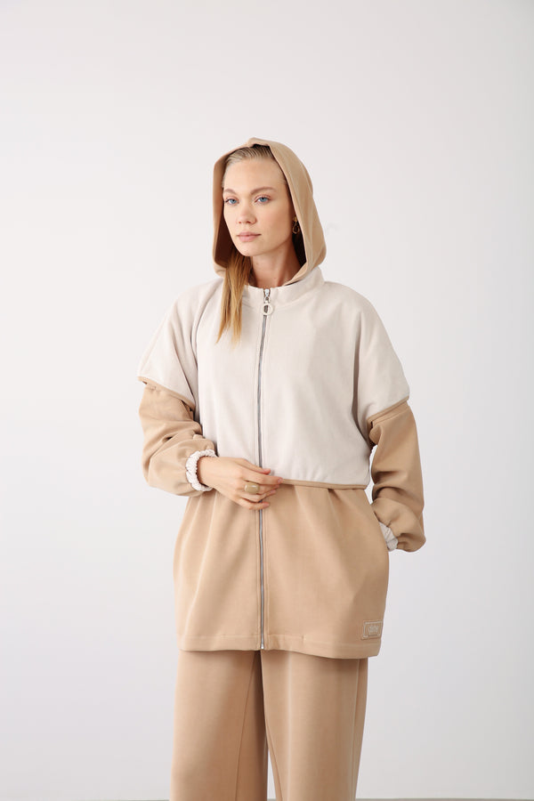 Contrast Hood Zippered Jacket - Camel - QLISHE
