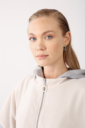 Contrast Hood Zippered Jacket - Grey Melange - QLISHE