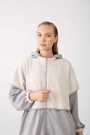 Contrast Hood Zippered Jacket - Grey Melange - QLISHE