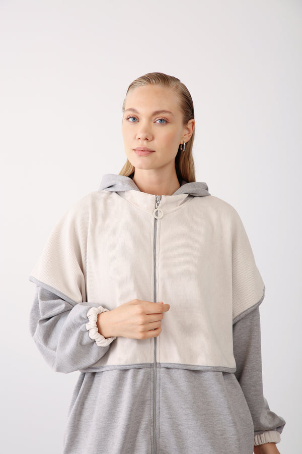 Contrast Hood Zippered Jacket - Grey Melange - QLISHE