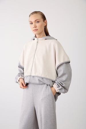 Contrast Hood Zippered Jacket - Grey Melange - QLISHE