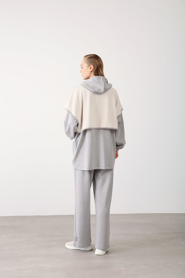 Contrast Hood Zippered Jacket - Grey Melange - QLISHE